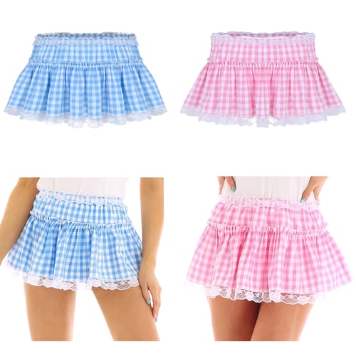 US Sissy Unisex Men Women Short Gingham Skirt Lace Hem Pleated A-Line Mini Skirt