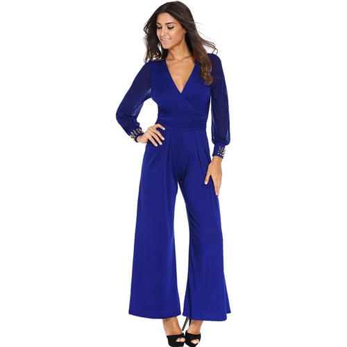 Women Lace Splice Long Sleeve Jumpsuit Casual Party Wide Leg Playsuit Romper NEW 