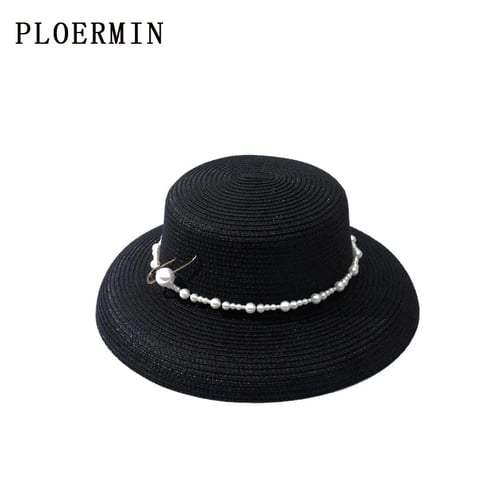 Summer Sun Hats for Women Solid Large Sun Hats Black White Floppy Hats with Pearls Ladies Beach Hat 