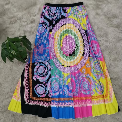 2019 Spring Summer Fall 2pcs Women Set Vintage Print Top Shirt Blouse Skirt Suit