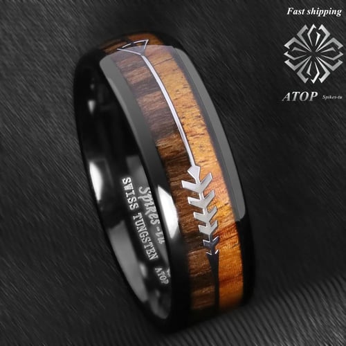 8/6mm Rose Gold Dome Tungsten Ring Silver Koa Wood Inlay Bridal ATOP Men Jewelry 