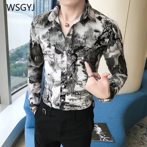 Mens Dress Formal Lace Floral Long Sleeve Party Slim Fit Casual Nightclub Shirt