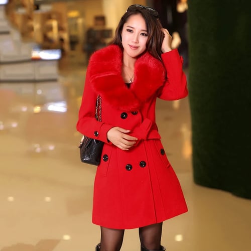 Womens Faux Fur Collar Solid Trench, Womens Faux Fur Trench Coat