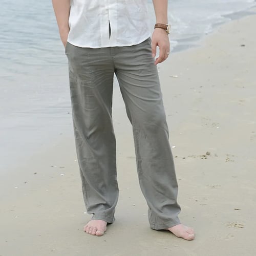 Men's Summer Casual Natural Cotton Linen Elastic Waist Straight Loose Long Pants