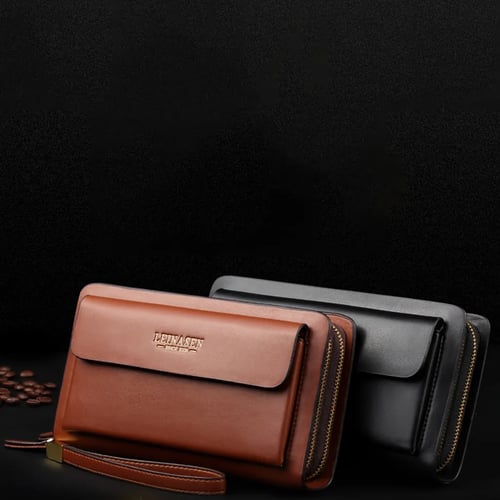 Men Business Leather Long Wallet Double Zipper Card Holder Clutch Bag Phone Case