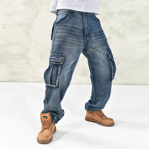 Men Hip-Hop Jeans Denim Cargo Pants Baggy Loose Trouser Skateboard Pocket Casual
