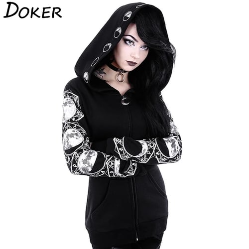 Womens Zipper Hoodie Black Long Sleeve Gothic Vintage Sweatshirt Punk Moon Print Coat Casual Pullover with Pockets 