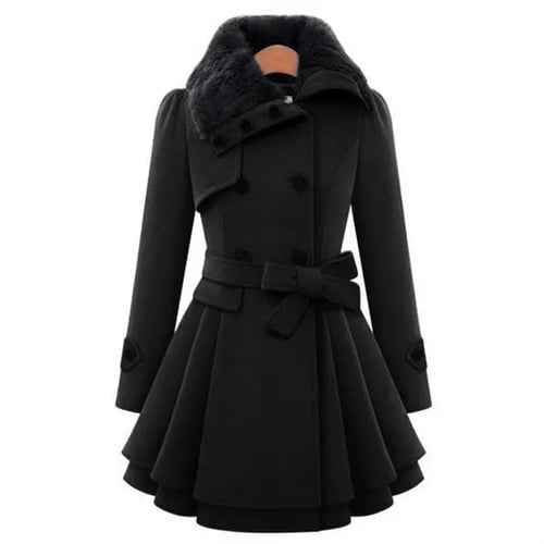 Volalo Women Oversized Swing Double Ted Pea Coat Ons Wool Mid Long Trench With Belt Winter Jackets Winter Coat Women Jackets, Swing Peacoat White And Black