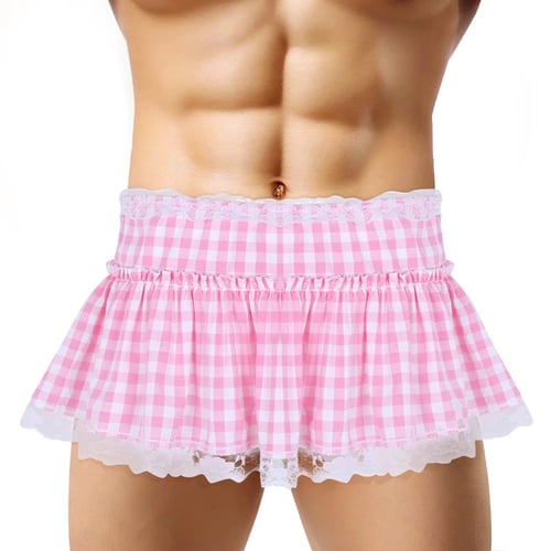 US Sissy Unisex Men Women Short Gingham Skirt Lace Hem Pleated A-Line Mini Skirt