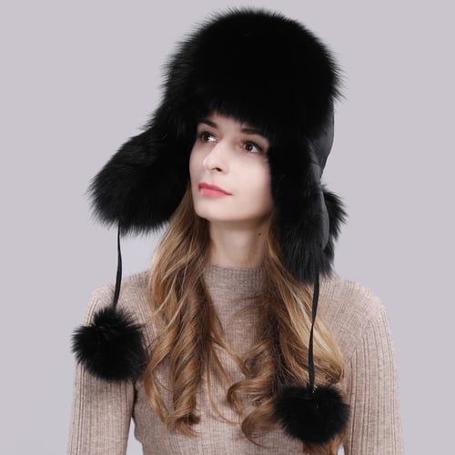 Women Bomber Real Caps Genuine Natural Fox Fur Bomber Solid  Winter Trapper Hats