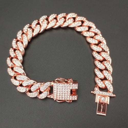 Gold Plated Hip Hop Bracelet Crystal Rhinestone Link Chain Cuff Bangle JewelryXJ 