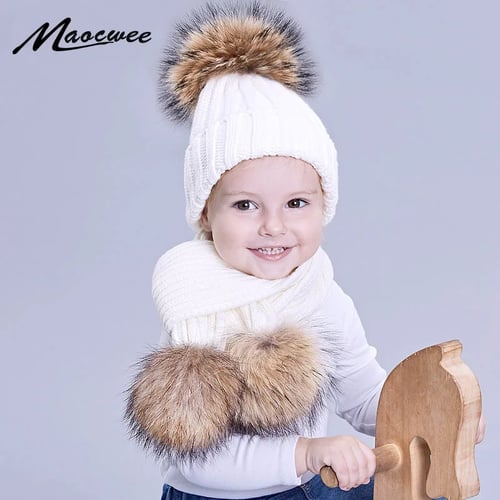 Baby Girls Toddler Kids Warm Knitted Fur Pom Bobble Hat Beanie Winter Caps Solid 