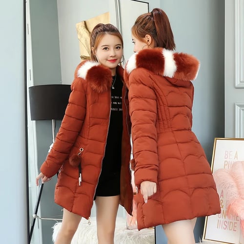 womens big fur collar fur thick mid long hooded parka overcoat outwear 