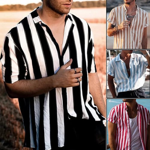 Fashion Men Cotton Vertical Stripe Button Down Short Sleeve Summer Casual Shirts 