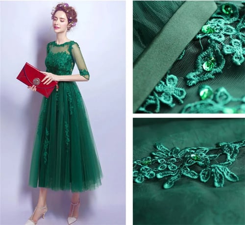 Lace Long Sleeve Emerald Green Evening Prom Dress Formal Party Cocktail Gown 