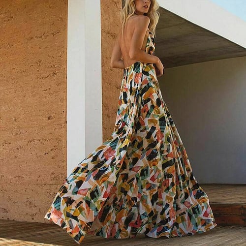 Backless Summer Boho Strappy V-Neck Floral Mini Dress Holiday Beach Sundress