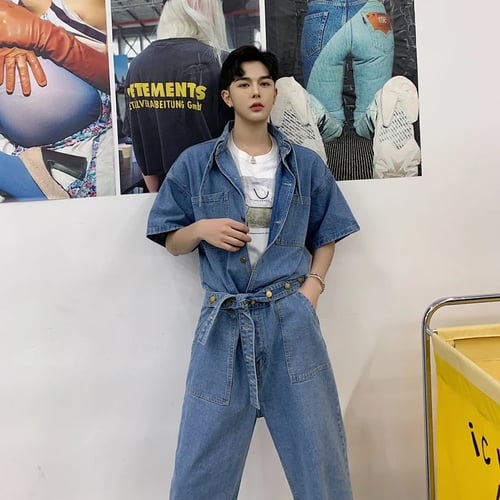 Mens Shirts Vintage Casual Slim Overalls Short Sleeve Jumpsuits Rompers Trousers 