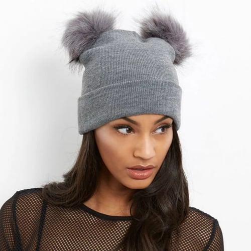 2020 Women Faux Fur Pompom Winter Warm Cap Knitted Beanie Girl Double Ball Hats