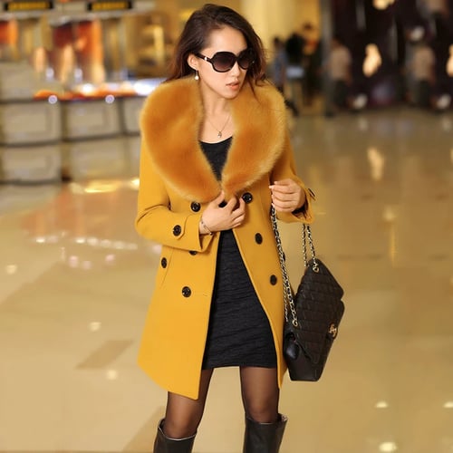 Womens Faux Fur Collar Solid Trench, Womens Faux Fur Collar Trench Coat