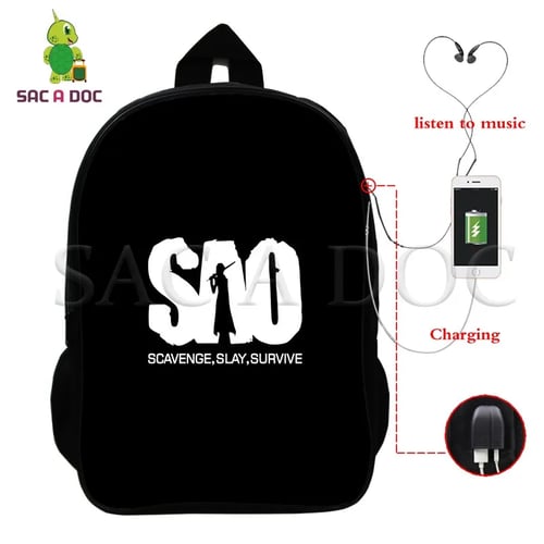 Sword Art Online Backpack Shoulder Bag w/ USB Charging Port Student School Bag 