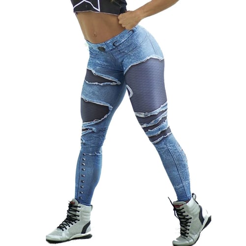 New Women Jeans Print Leggings Sporting Leggins 3D Workout Fitness Elastic Pants 
