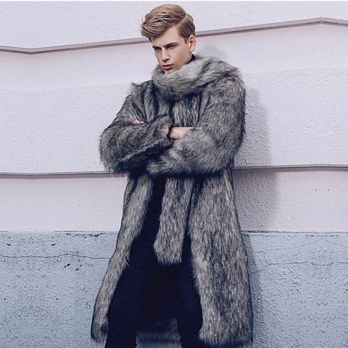 Large Fur Collar Outwear Clothing, Faux Fox Fur Coat Mens