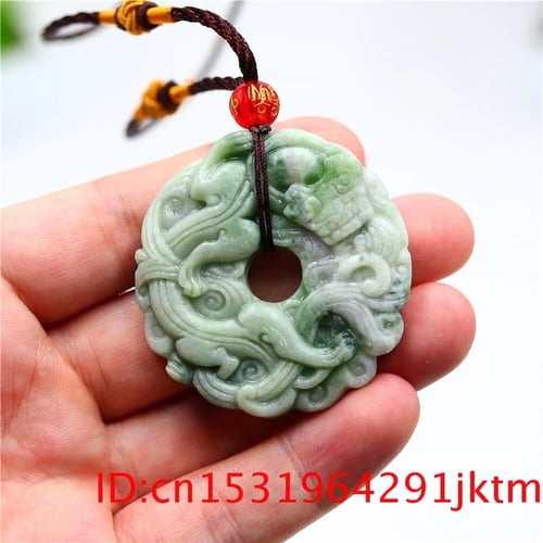 China Finely crafted Sided hollow Green jade Amulet Pendant Dragon Necklace 