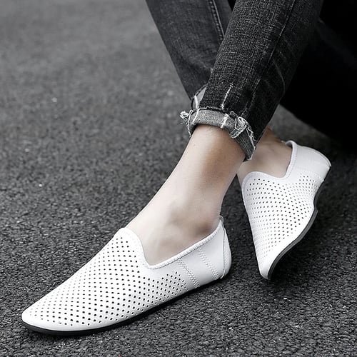 Leather Driving  Mens Summer breathable Hollow Out Loafer Slip On Casual Shoes 