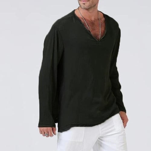 Men's Chinese Style Solid Color Loose V-neck Long Sleeve Pullover Tops 2XL