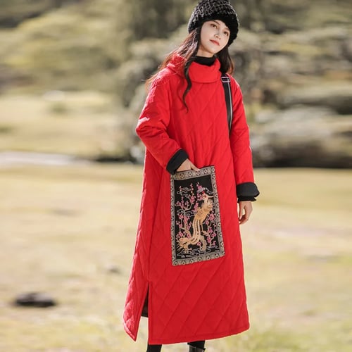 Womens Furry Floral Overcoat Winter Chinese Vintage Parka Thicken Folk Long Coat