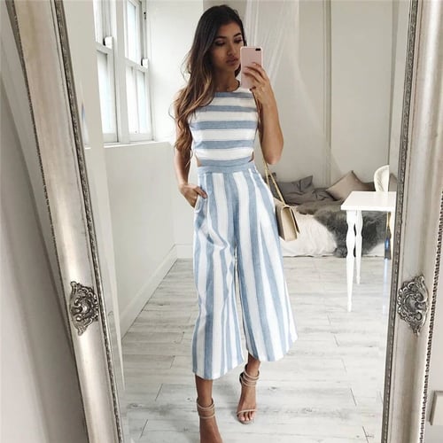 Summer Jumpsuits,Women Casual Floral Striped Long Rompers Backless Loose Wide Leg Pants Outfit