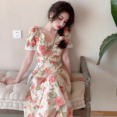 One Piece Dress Korean V Neck Vintage Dresses Women Short Sleeve Design Elegant Floral Dress Female Party 21 Summer Casual Buy One Piece Dress Korean V Neck Vintage Dresses Women Short Sleeve Design