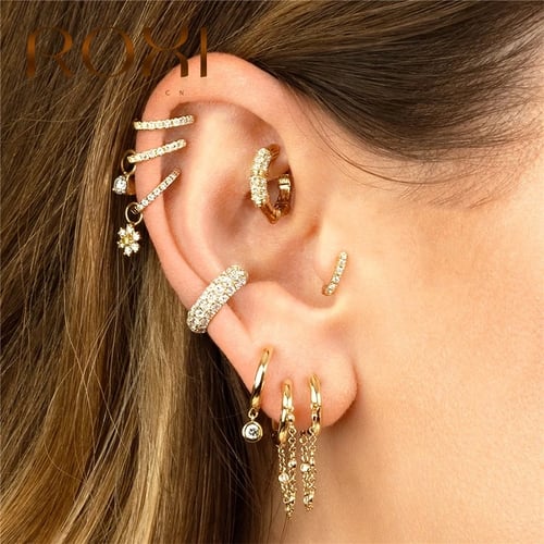 Women 925 Silver Earrings Crystal Ear Stud Hoop Wedding Silver Gold Jewelry 