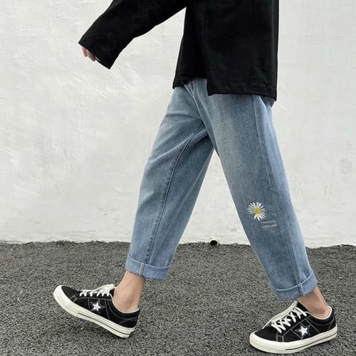 Jeans Men Flower Oversize 3xl Loose Stylish Ankle Length Casual Korean Style All Match Straight Chic Streetwear Mens Trousers Buy Jeans Men Flower Oversize 3xl Loose Stylish Ankle Length Casual Korean Style All Match Straight