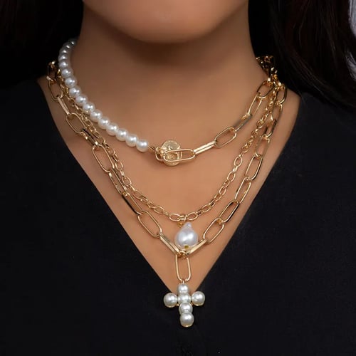 Kmvexo Multilayer Punk Irregular Pearl Cross Coin Pendant Necklaces Women Vintage Choker Statement Lock Chain Necklace Jewelry Buy Kmvexo Multilayer Punk Irregular Pearl Cross Coin Pendant Necklaces Women Vintage Choker Statement