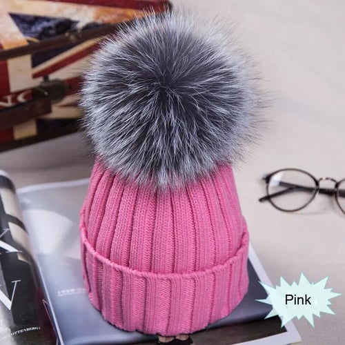 New Ladies Cable Knitted Ski Hat with Large Detachable Faux Fur Pom Pom 
