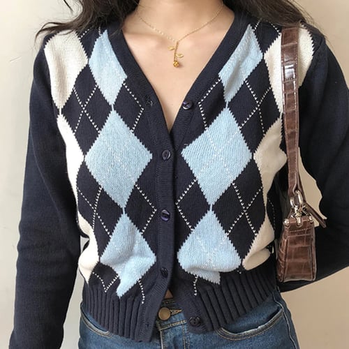 Dicomi 2020 Fall/Winter Fashion Tops Ladies Plaid Print Loose V-Neck Long-Sleeved Pullover Sweater