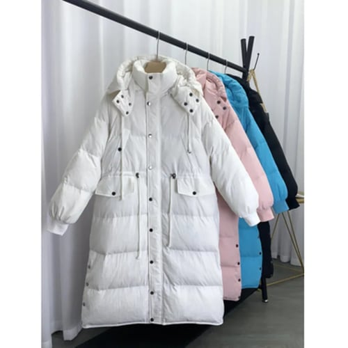 Korea Style Women Winter Full Length Jacket Duck Down Hooded Puffer Coat Parka 