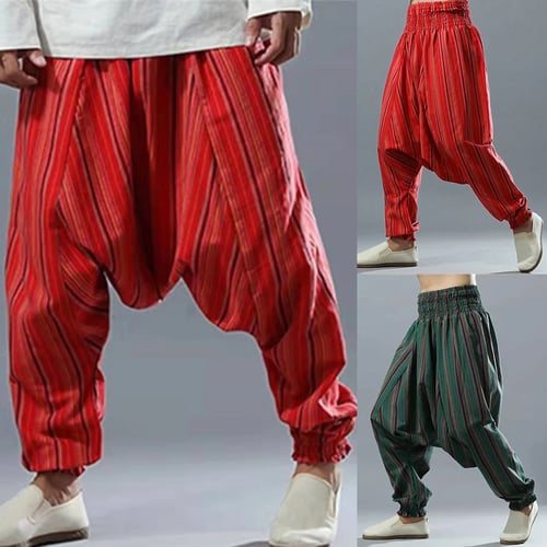 Men's Linen Cotton Baggy Harem Trousers Hippy Alibaba Drop Crotch Long Trousers 