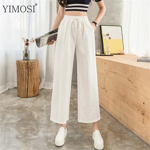 Fankle Women's Casual Cotton Linen Long Pants High Waist Drawstring Loose Fit Casual Trousers 