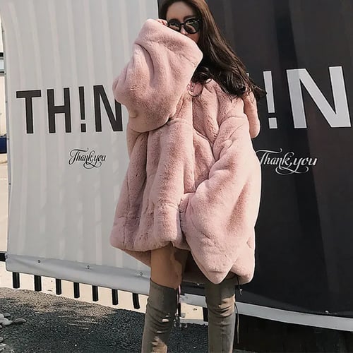 Plus Size Winter Fur Coat Women Thick Warm Faux Sweatshirt Loose Oversized Hooded Pullover Plush Jacket Plus Size Winter Fur Coat Women Thick, Oversized Faux Fur Coat Pink
