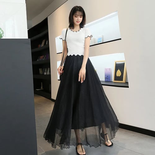 Elegant Chiffon Party Dress Womens Tulle Maxi Skirts High Waist Solid Pleated Long Skirt 
