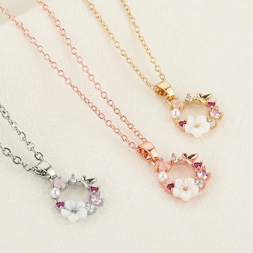 Exquisite 925 Silver Zircon Crystal Pearl Shell Garland Necklace Women Jewelry