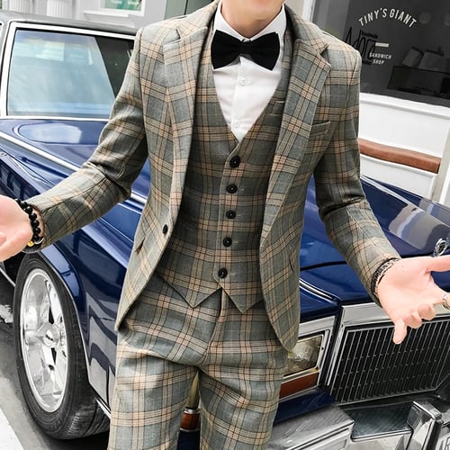 MAGE MALE Men’s Plaid Suit Slim Fit 3-Piece Leisure Suit One Button Blazer Dress Business Wedding Party Jacket Vest & Pants 