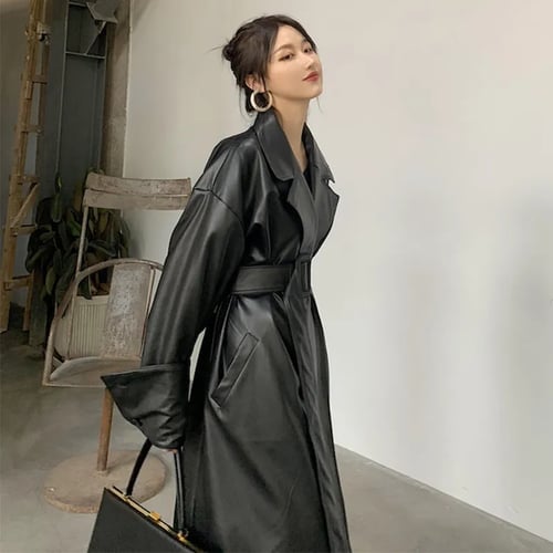 Lautaro Long Oversized Leather Trench, Oversized Black Trench Coat Womens