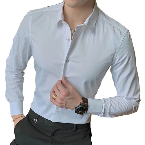 Mens Korean Collar Shirt Long Sleeve White Casual or Formal Slim Fit Cotton SALE