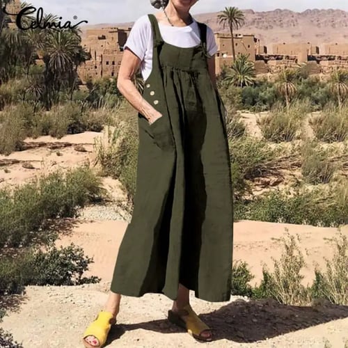 Womens Plus Size Baggy Casual Wide Leg Sleeveless Cotton Rompers Jumpsuit Vintage Haren Overalls