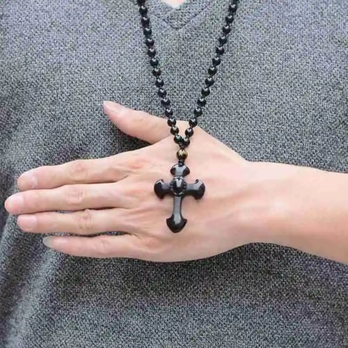 Genuine Natural Rainbow Ice Obsidian Cross Lucky Pendant & Free Beads Chain Gift 