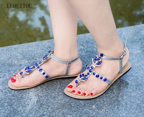 Flat Sandals for Women T-Strap Thong Rhinestone Bohemia Clip Toe Shoes 