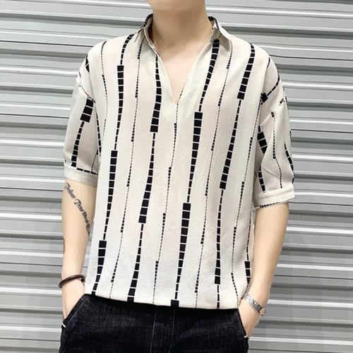 Men Shirts Printed Striped Half-sleeve Plus Size 3XL Loose Korean 